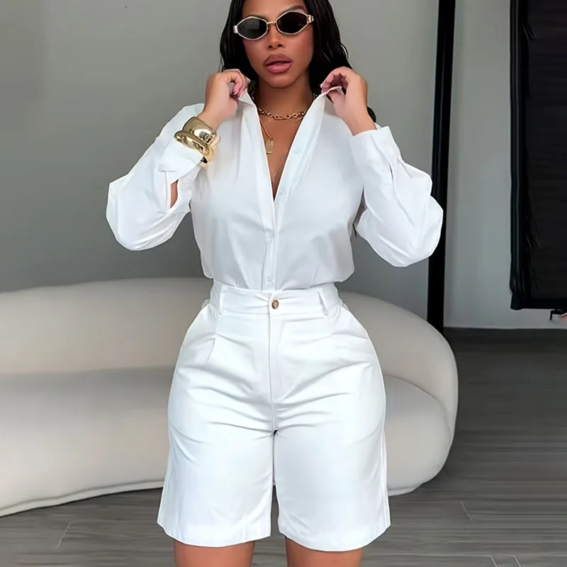 Doyerl Solid Elegant Fashion Two Piece Set Women Clothing Casual Long Sleeve Shirt Top and Shorts Matching Sets Ensembles Femme