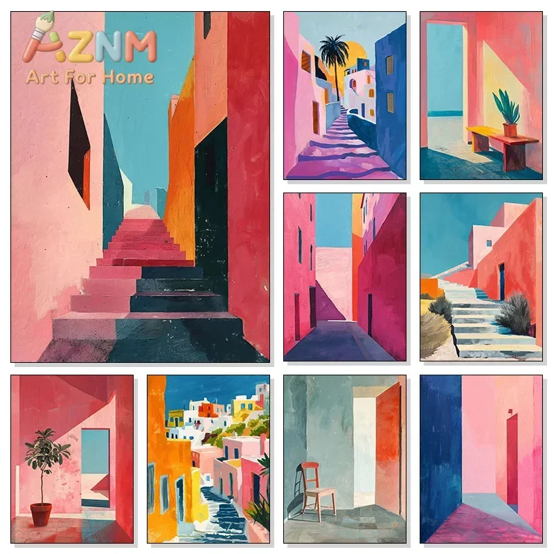 Pink Abstract Aesthetic Contemporary Greece Architecture Canvas Painting Mid Century Poster Print Wall Art Room Home Decor