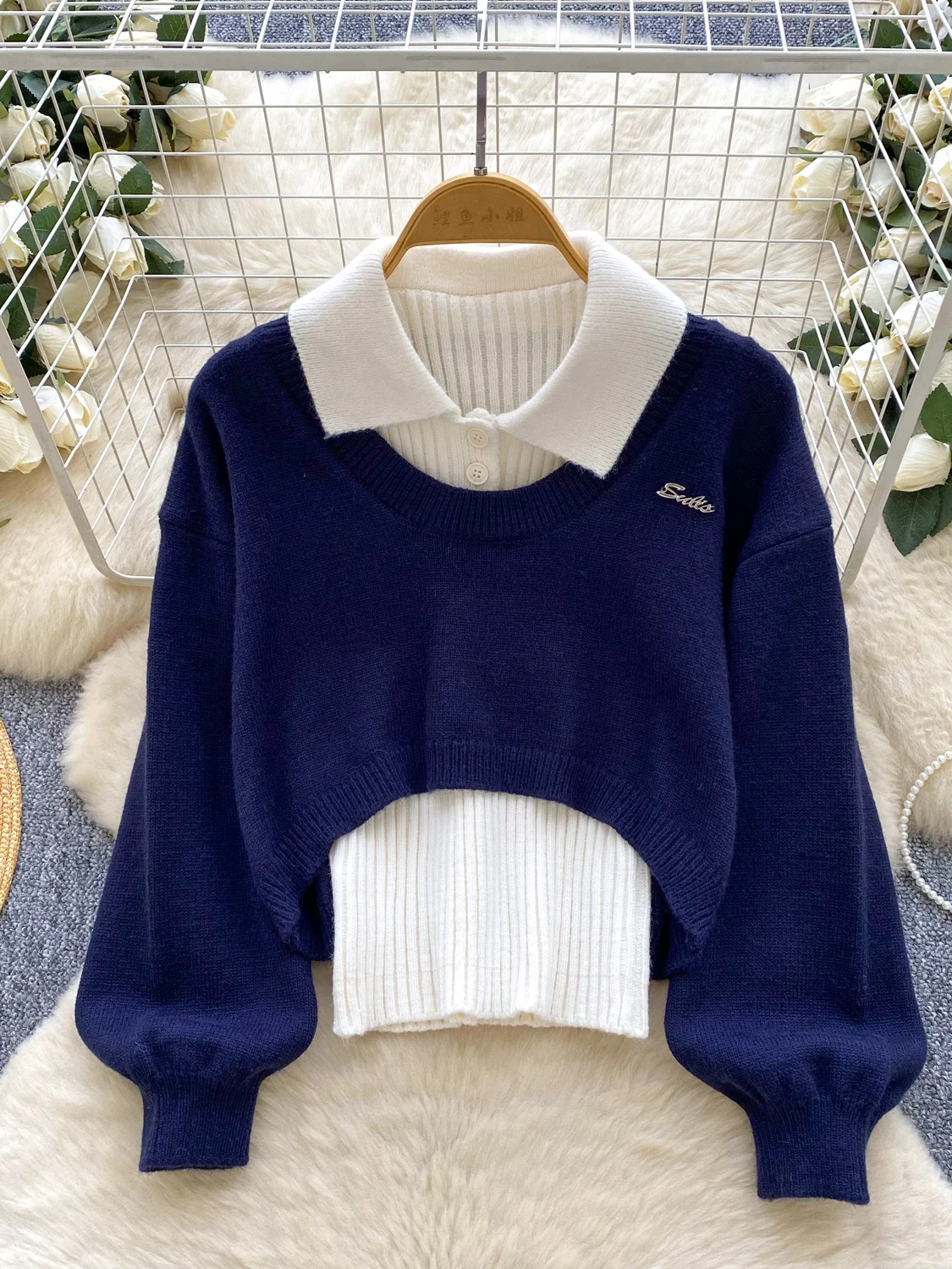 Foamlina 2025 Korean Chic 2 Pieces Set Women's Autumn Winter Polo Collar Knitted Vest Top and Long Sleeve Short Pullover Sweater