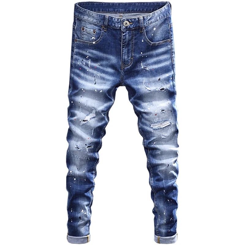 Street Fashion Men Jeans Retro Blue Stretch Elastic Slim Fit Ripped Jeans Men Painted Designer Hip Hop Denim Pencil Pants Hombre