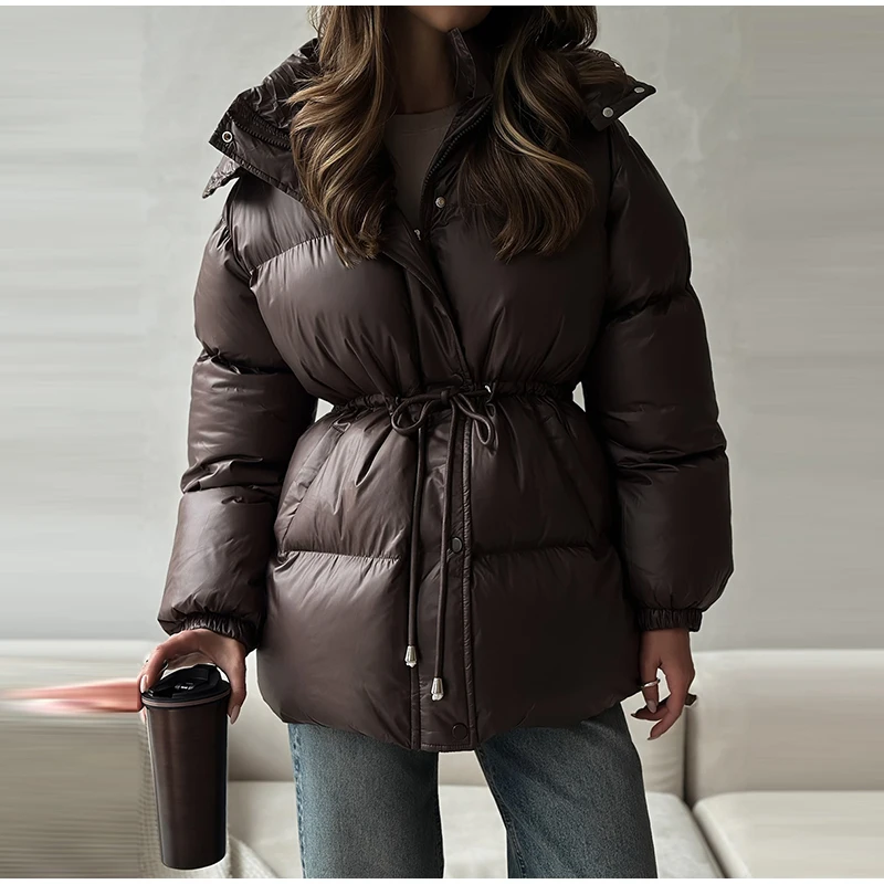 Women's Winter Jacket Hooded Drawstring Zipper Stand-Up Collar Lace Up Winter Jacket Female Loose Casual Chic Jackets For Ladies