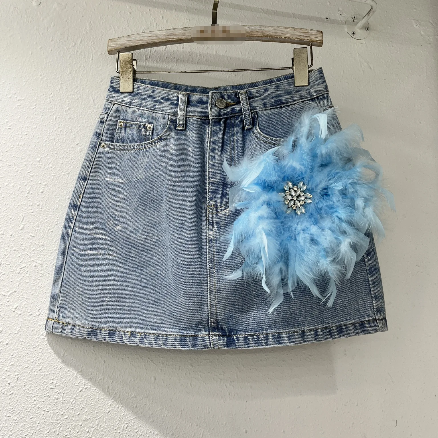 2024 Summer New Fashion Flower Denim Skirts Women's High Waist Slimming A- Line Hip-Wrapped Feather Skirt Feminine Sexy Skirts