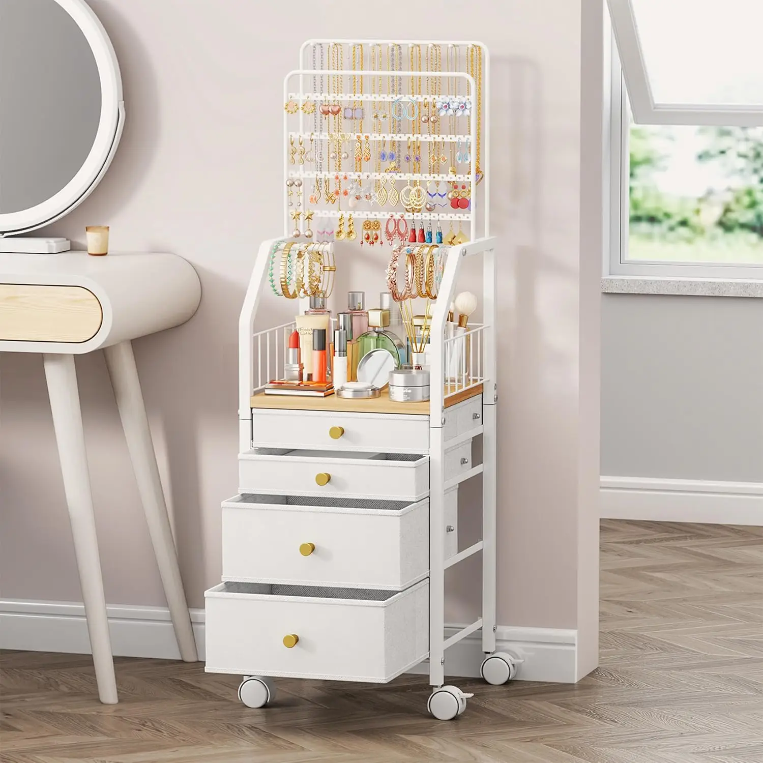 

Большая подставка-органайзер для украшений с 4 ящиками - многофункциональная подставка для ожерелий, серег, колец и браслетов, белая