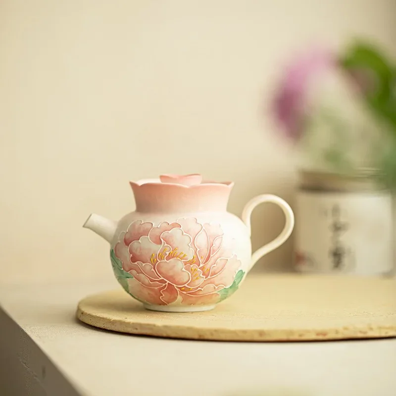Jingdezhen Gradual Change Pink Peony Butterfly Teapot Pure Hand-painted Rock Mine White Ceramic Cover Bowl Pot Holder Master Cup
