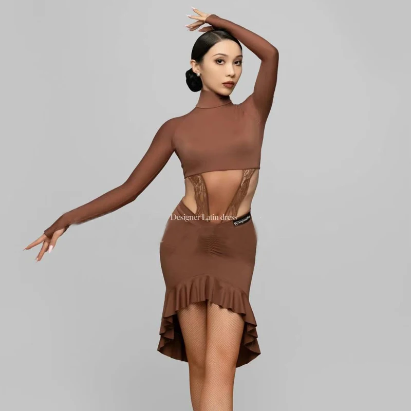 New Long Sleeves Latin Dance Clothes Women Cutout Latin Top Skirts Adults Performance Latin Dance Competition Costumes SL9411