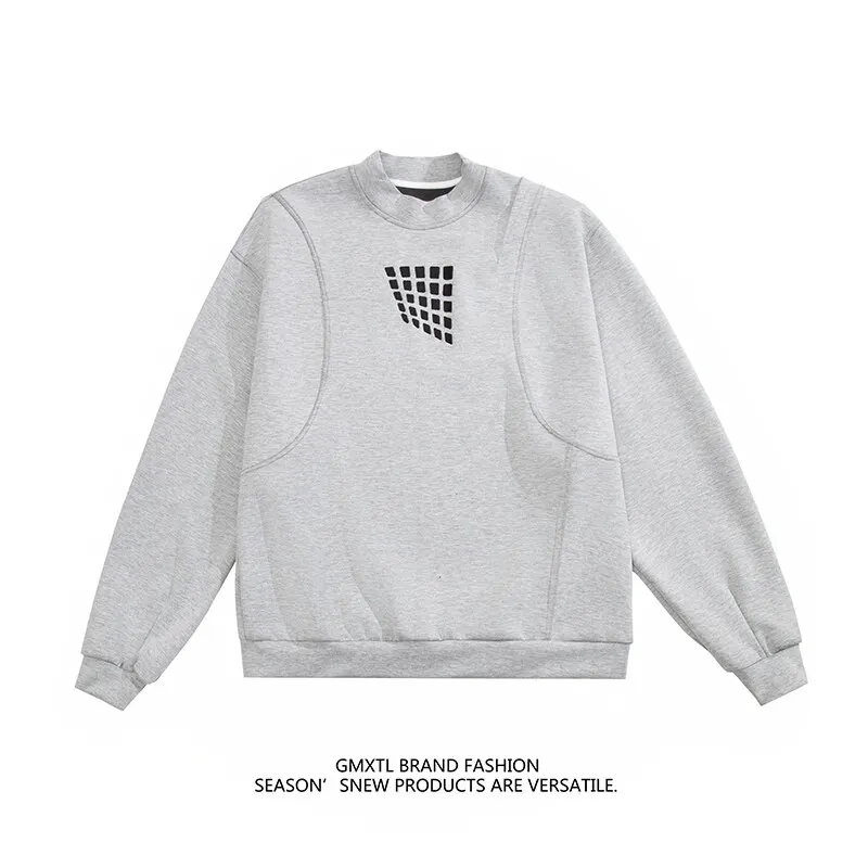 Square Embroidery Pattern Casual Long Sleeve Sweatshirt Spring New Men's Round Neck Pullover Gray Black Long Sleeve Top