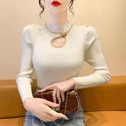 Women's Turtleneck Metal Buckle Studded Hollow Style Puff Sleeve Knitted Sweater Slim Fit Top