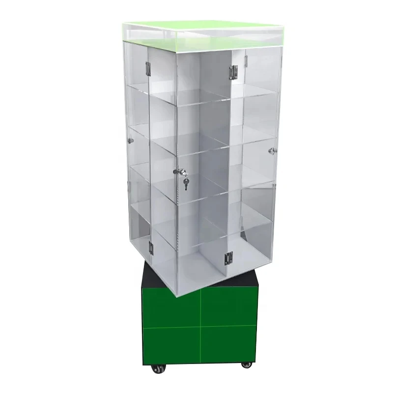 custom.Wholesales Acrylic Floor Rack Lock Door Bottle Oil Shelf Shop Exhibition Hemp Body Care Product Display Stand With Wheel