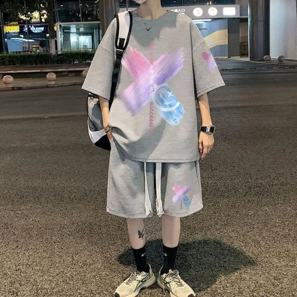 M-5XL Men Print Half Sleeve Harajuku Casual T-shirt Set Graffiti Streetwear Oversize Male Hip Hop Tees Top Suit