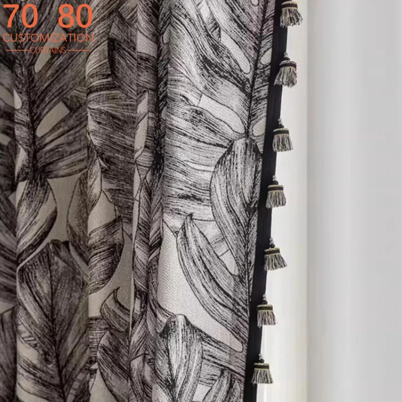 Black and White Leaves Jacquard Thickened Chenille Blackout Curtains for Living Room Bedroom French Window Balcony Customized