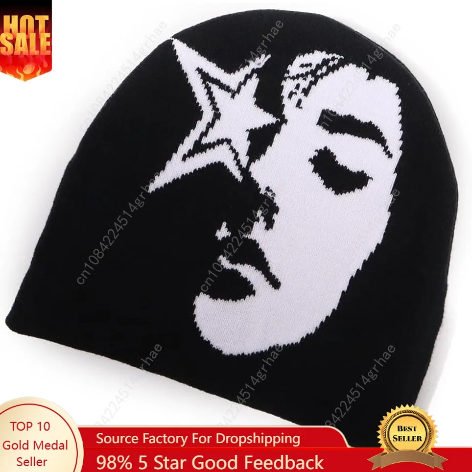 

Beanie Hats Y2K for Men and Women, Face Patterned Embroidered Beanie Acrylic Soft Warm Winter Cuffed Knit Hats