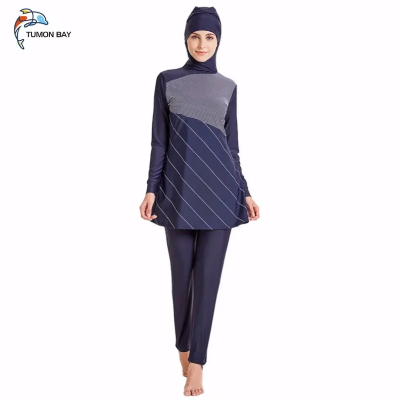 Swimwear women new striped full-cover large size Muslim swimsuit, women wear Islamic women long swimwear with hijab SPF