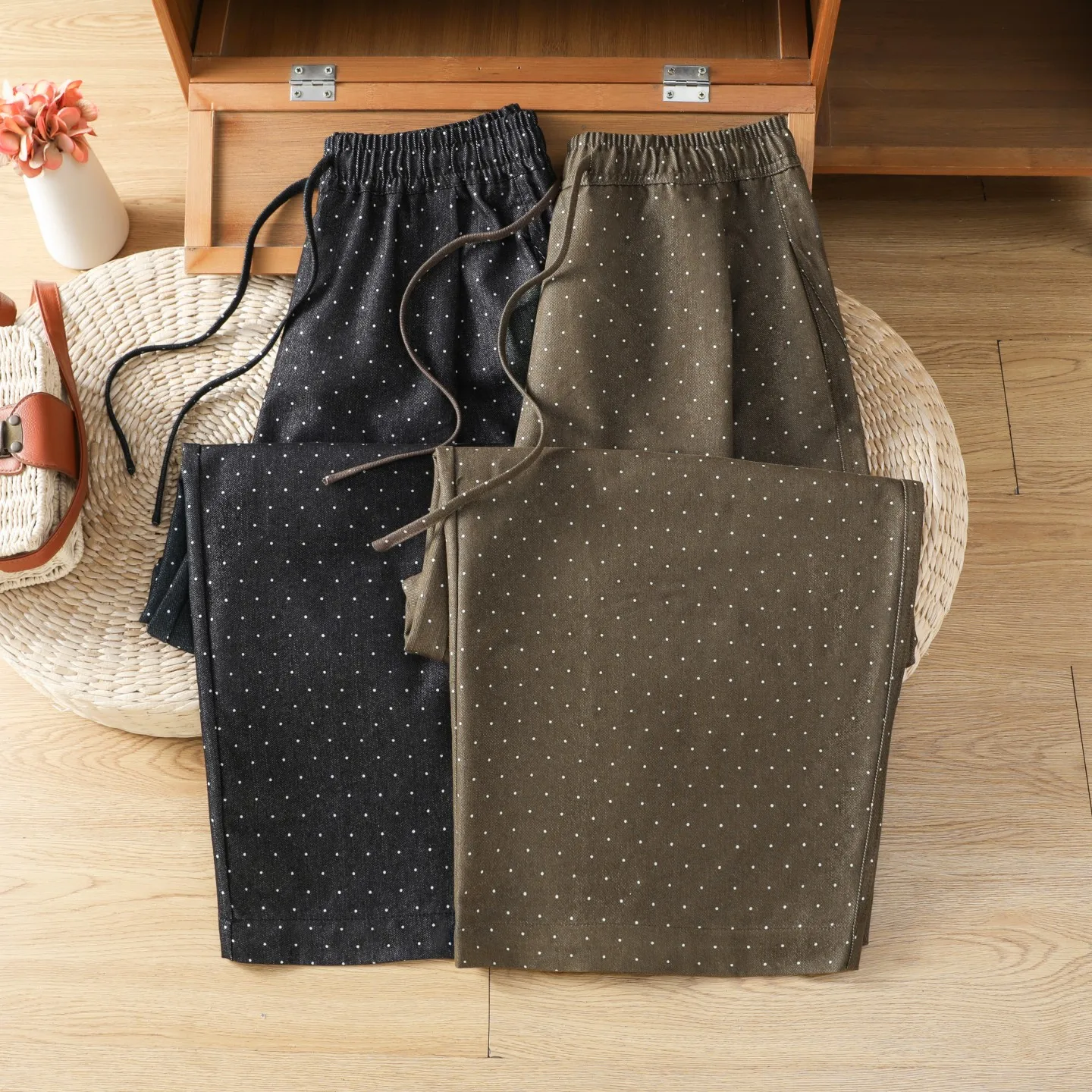 Casual Polka Dot Print Drawstring Waist Elastic Straight Leg Pants Korean Style Loose Fit Long Cotton Women's Autumn Trousers