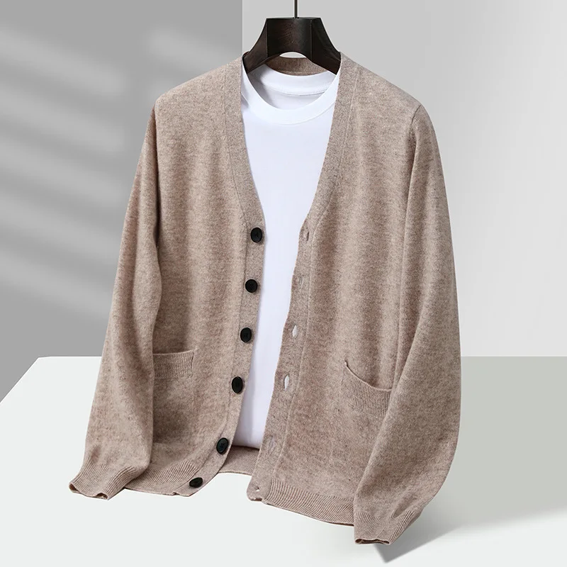 % Wool Cardigan Men'S Solid Color Button Sweater Business Casual Solid Color Long Sleeve Knitwear