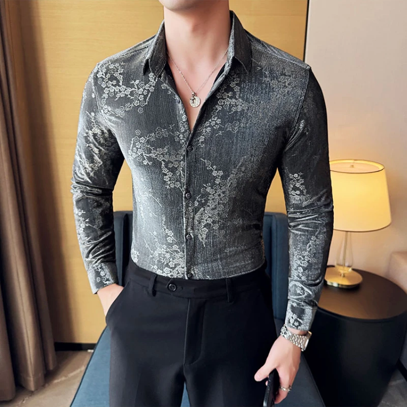 Luxury Retro Velvet Men\'s Shirt Autumn Long Sleeve Slim Fit Casual Shirts Fashion Jacquard Business Social Men\'s Clothing