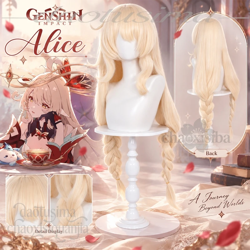 Alice Cosplay Anime Game Genshin Impact Light Golden Double Ponytail Braids Kawaii Wigs Cartoon Cute Synthetic Hair Halloween