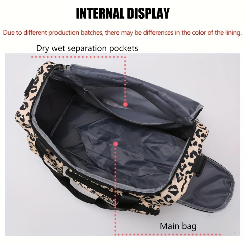 Large-Capacity Leopard Print Travel Duffel Bag – Features Multiple Compartments, a Dedicated Shoe Compartment, and a Spacious Design Suitable for Overnight Trips or Carry-On Use. A Durable Nylon Casual Sports/Gym Bag for Women—Ideal for the Gym, Travel, a - view 5
