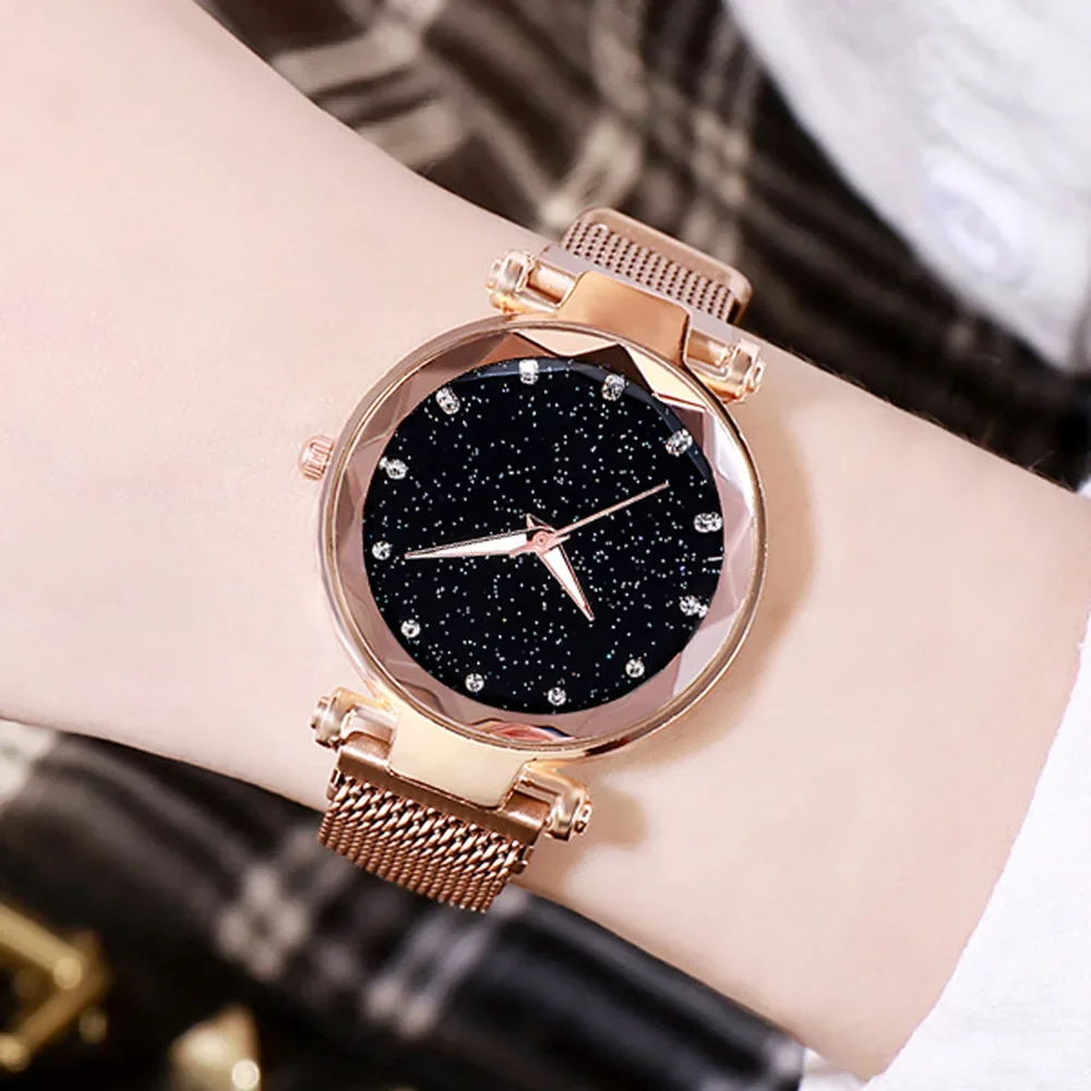 5pcs Women Fashion Starry Sky Watches Magnet Buckle Mesh Belt Diamond Quartz Watch Women Dress Clock Wristwatches for Girl Gift