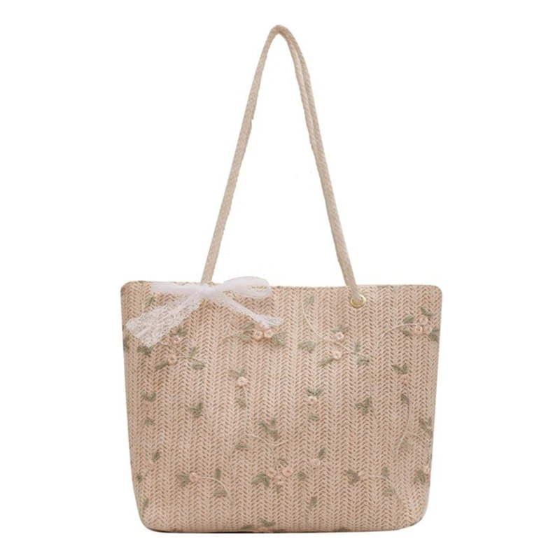 Summer Women Straw Woven Shoulder Bag Straw Bag Flower Embroidery Lace Beach Handbags Casual Ladies Large Capacity Totes Pouch