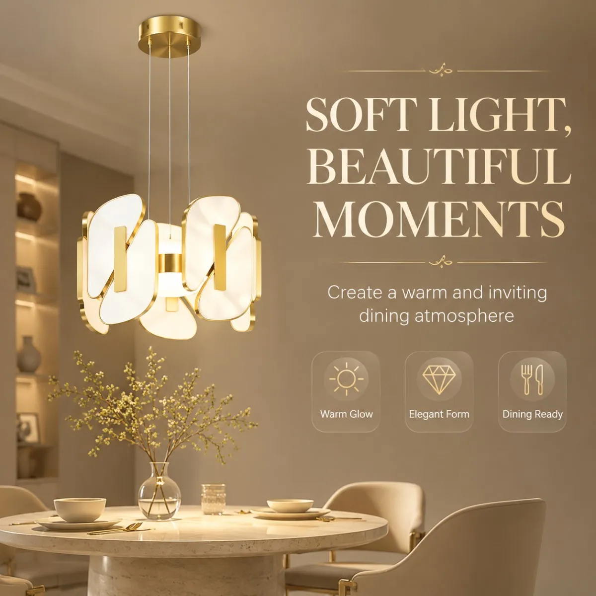 Contemporary Style 2026 Curved Petal Pendant Light Gold Brass LED Chandelier Frosted Shade Lamp for Living Room Dining Decor