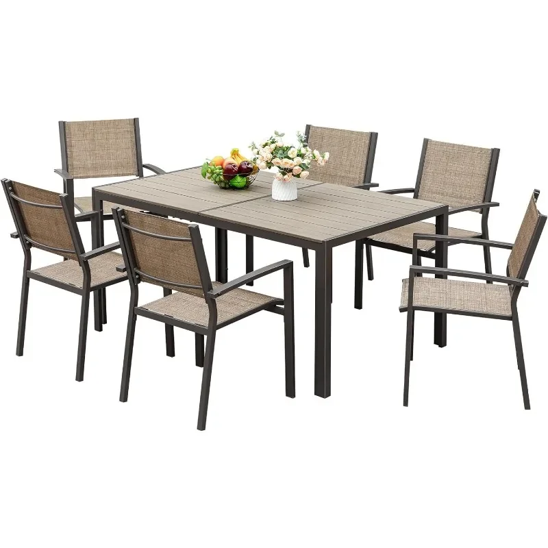 Juego de comedor para exteriores, muebles de Patio con mesa resistente a la intemperie y 6 Sillas De Textilene para Patio, terraza y junto a la piscina, 7 piezas