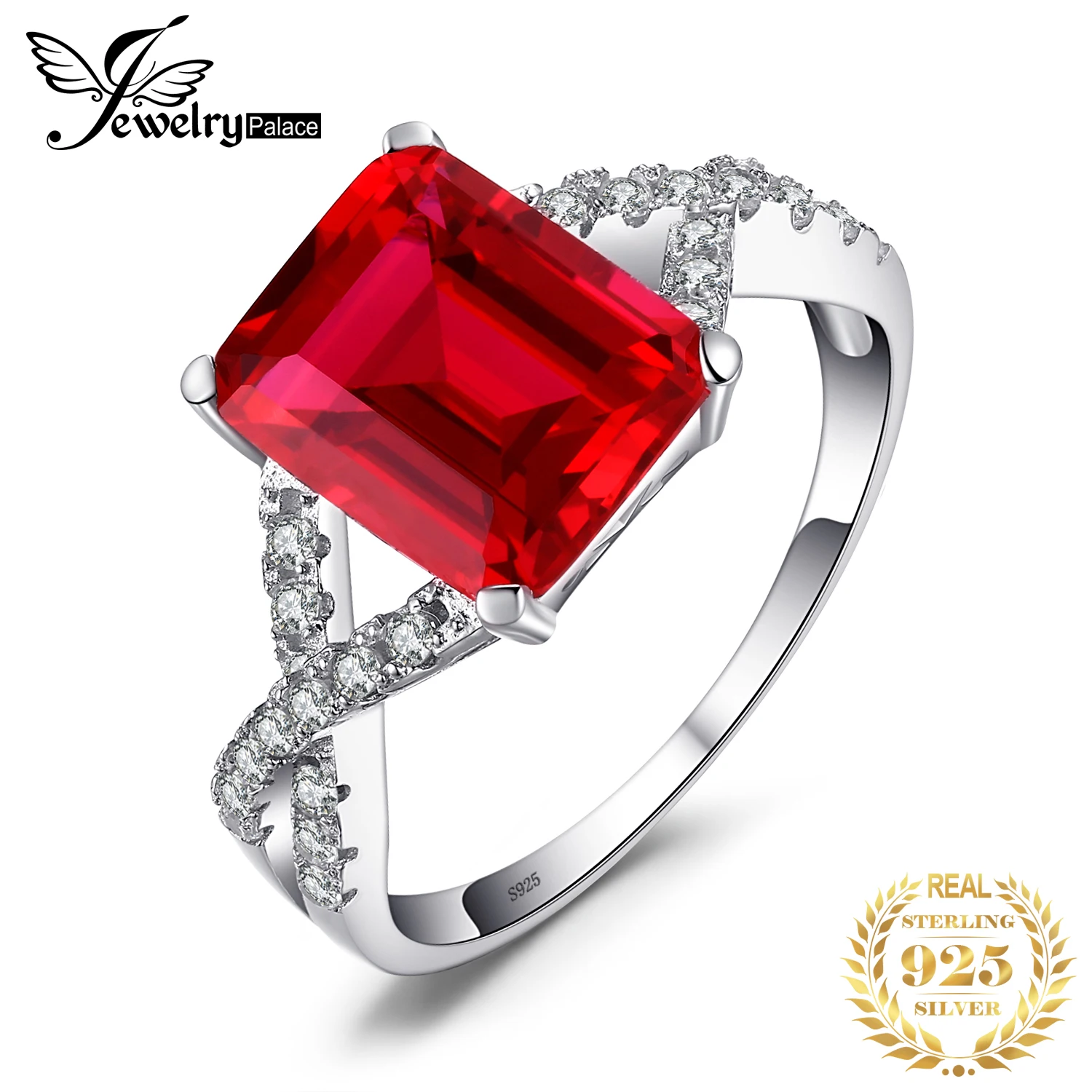 JewelryPalace 4.1ct Created Red Ruby 925 Sterling Silver Wedding Engagement Promise Ring for Women Fashion Party Jewelry Gift