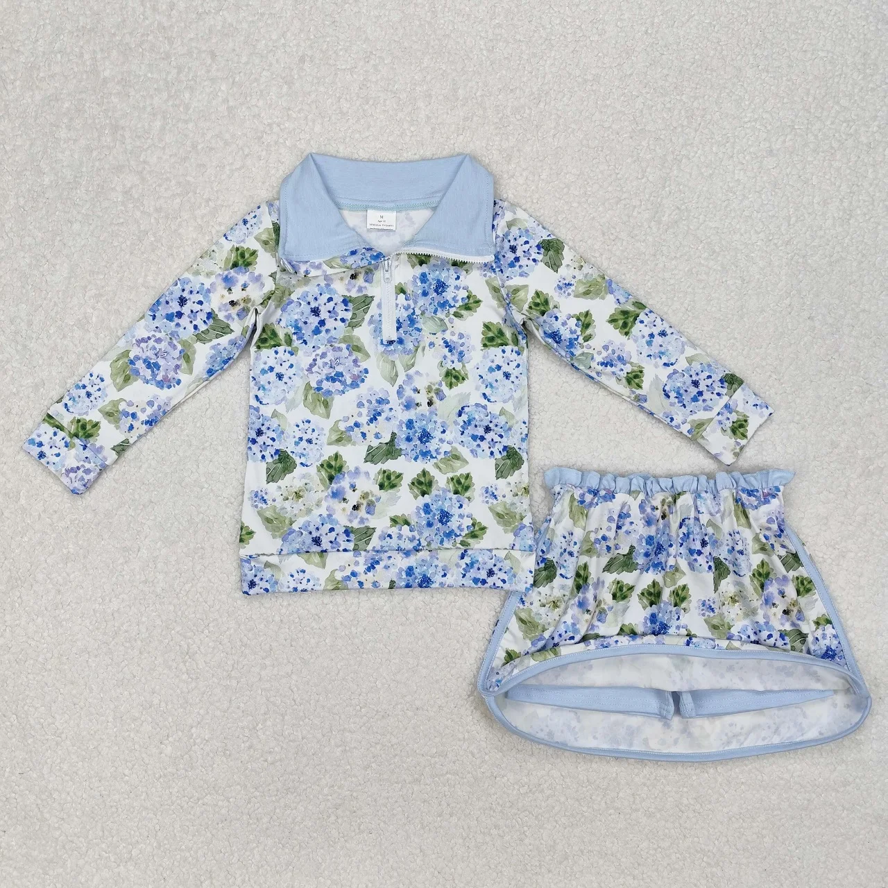 

Wholesale Infant Long Sleeves Clothing Blue Flower Shirt Baby Girl Floral Outfit Toddler Skirt Skorts Shorts Children Kids Set