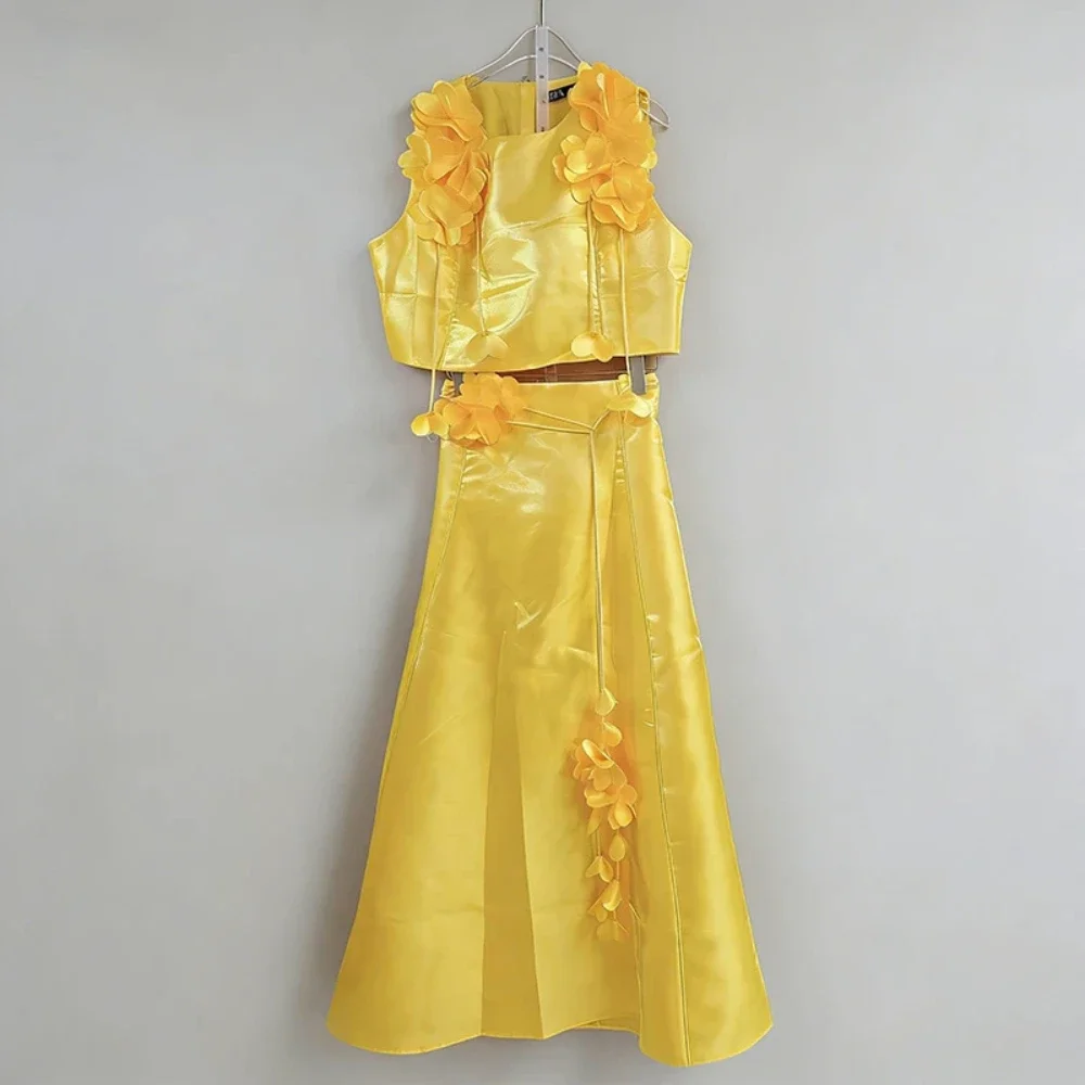 

Elegant Luxury 3D Floral Two Piece Dress Set Fashion Sexy Sleeveless Crop Top Midi Gown for Wedding Guest Party Club Night Out