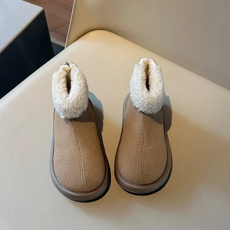 Botas de invierno para niña al aire libre, botas de nieve simples de tendencia para niños, botas de algodón informales de felpa con parte inferior gruesa, cálidas y suaves con cremallera