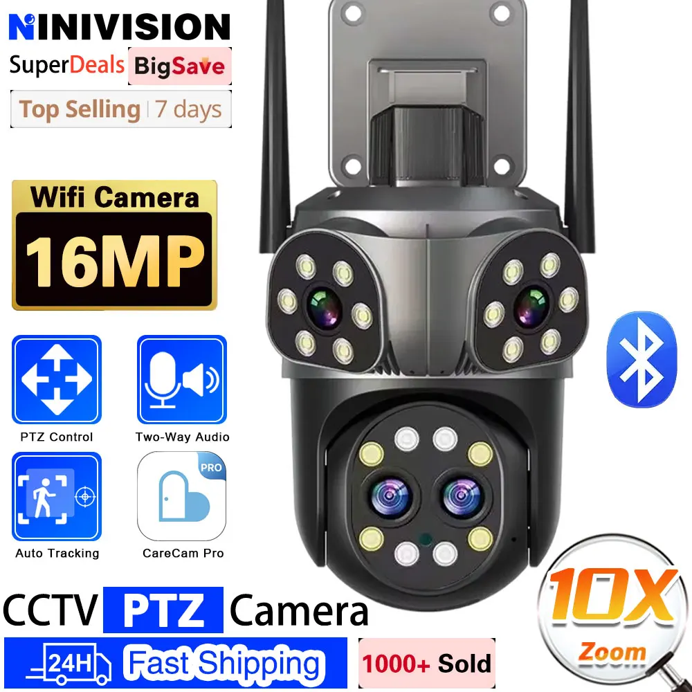 4-Lens 16MP 8K Wifi Surveillance Three-Screen 10X PTZ Zoom Outdoor Security IP Camera Color Night  Audio Bluetooth Connectivity