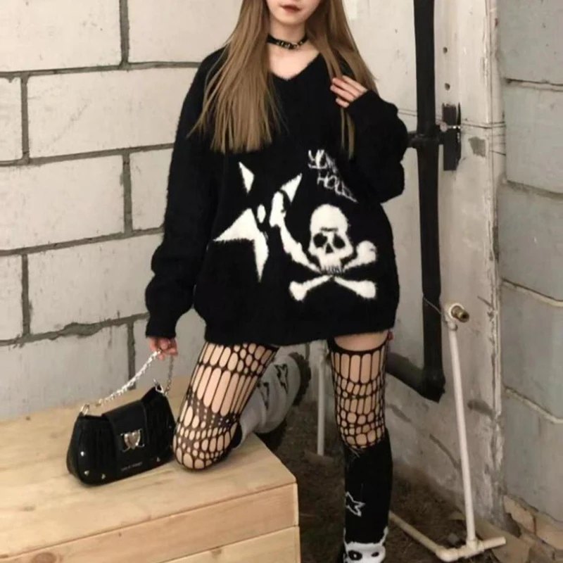 Subculture Loose pullover sweater Skull Stars embroidered casual vintage tops Harajuku y2k E-girls kawaii Aesthetic chic sweater