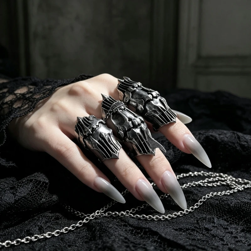 Gothic Fashion Ring Articulated Joint Open Design with Silver Tone Alloy Finish for Alternative Wear, Party Use, and E0BF