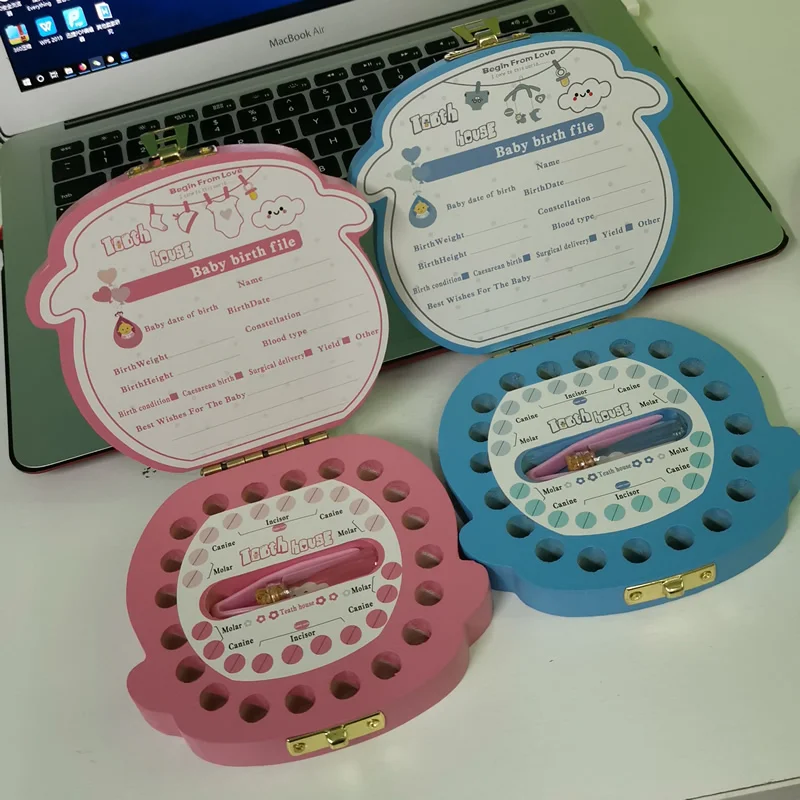 Wooden Color Baby Tooth Boxes Kids Milk Tooth Storage Box English/Spanish/French/Russian/Italian/German/Portuguese Keepsake Boxe