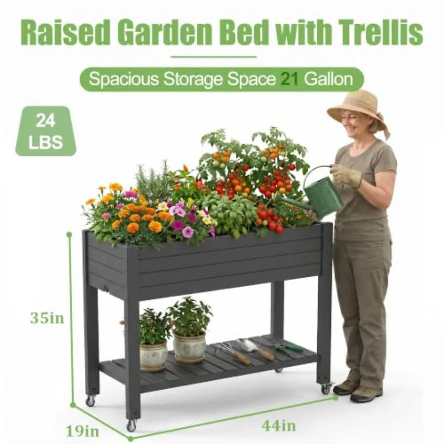 Raised Garden Beds Outdoor, with Wheels and Extra Storage Shelf