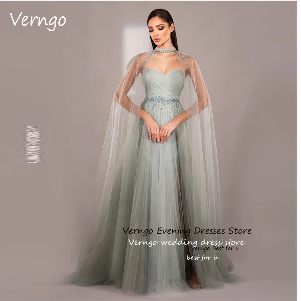 

Verngo Dubai Arabic 2023 Pale Tulle Prom Dresses With Jacket Long Sleeves High Neck Shiny Beads Evening Gowns Mother Formal