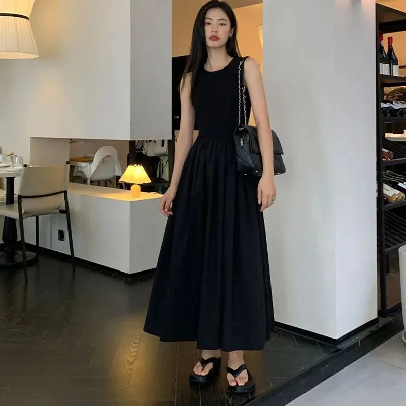 Hepburn Style vita alta Chic Midi Dress donna Summer Slim senza maniche A Line Camis Dress Gothic Black pieghettato Party Night Dress