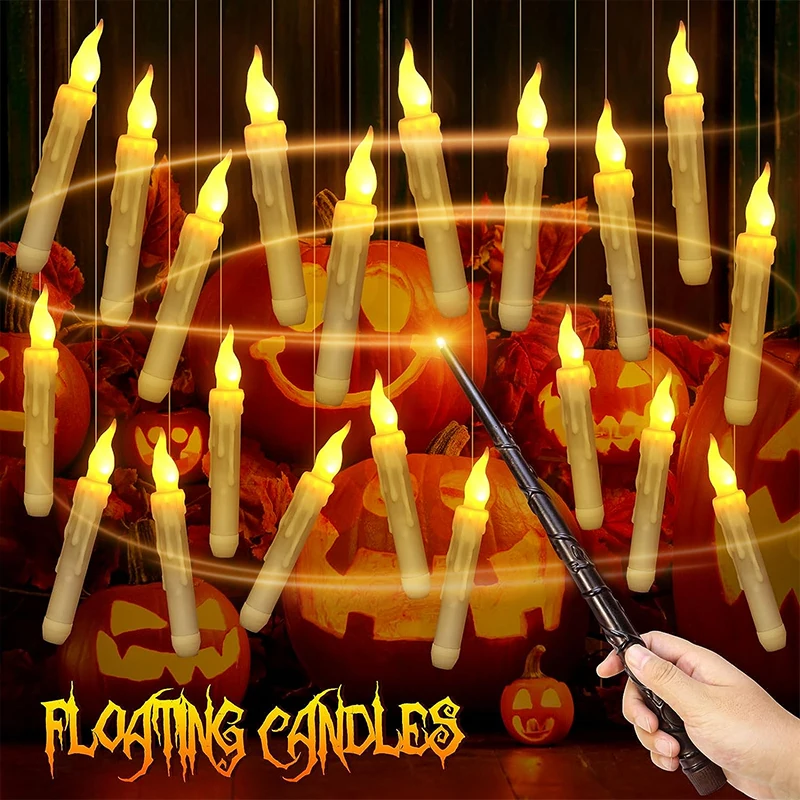 Flameless Floating Candles Lights with Magic Wand LED, Flickering Candles for Wedding Party, Christmas Decoration, 12 PCs, 24PC