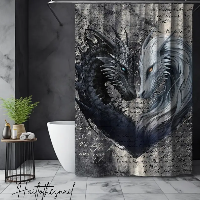 

Dragon Love Letter Shower Curtain - Mythical Dark Goth Fantasy Bathroom Decor, Ideal Housewarming Gift