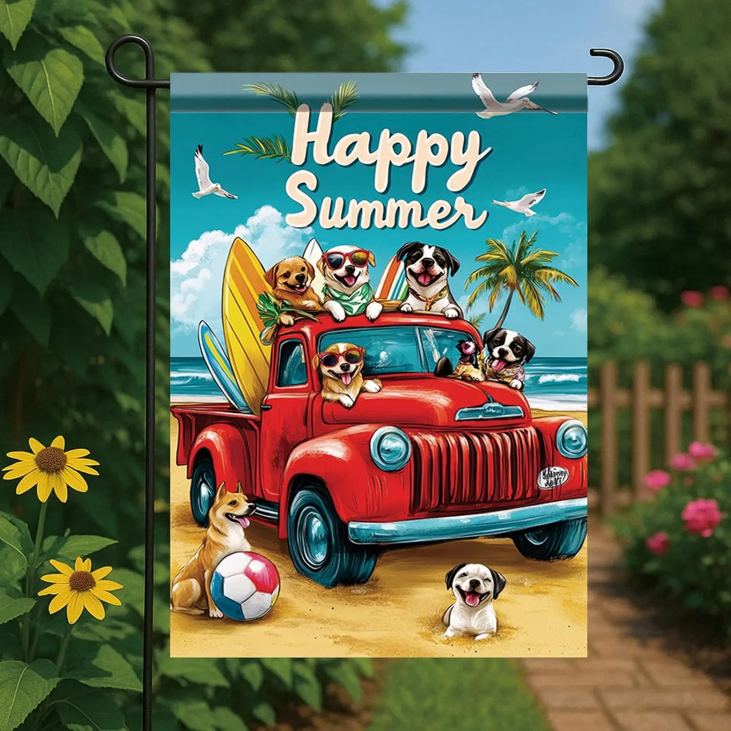 Happy Summer Garden Flag Red Truck Coastal Flag 12 x 18 Double Sided Beach Dogs Beach Truck Yard Banner Outdoor Decoration f jjp