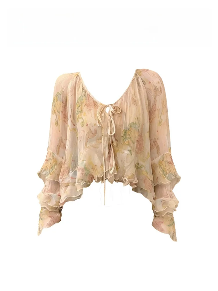 

Casual Style Loose Floral Print Shirt Women's Spring New Arrival V-Neck Long Sleeve Casual Fashion Elegant Drifting Top