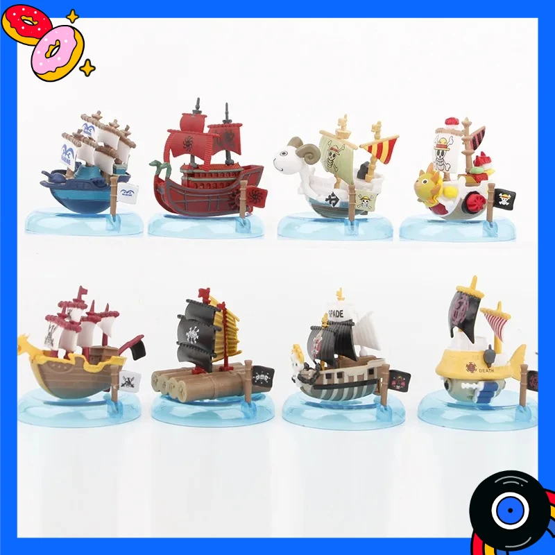 8 unids/set modelo de Anime barco de una pieza sol feliz barba negra adorno montado caja ciega hecha a mano mil barco pirata azul marino soleado