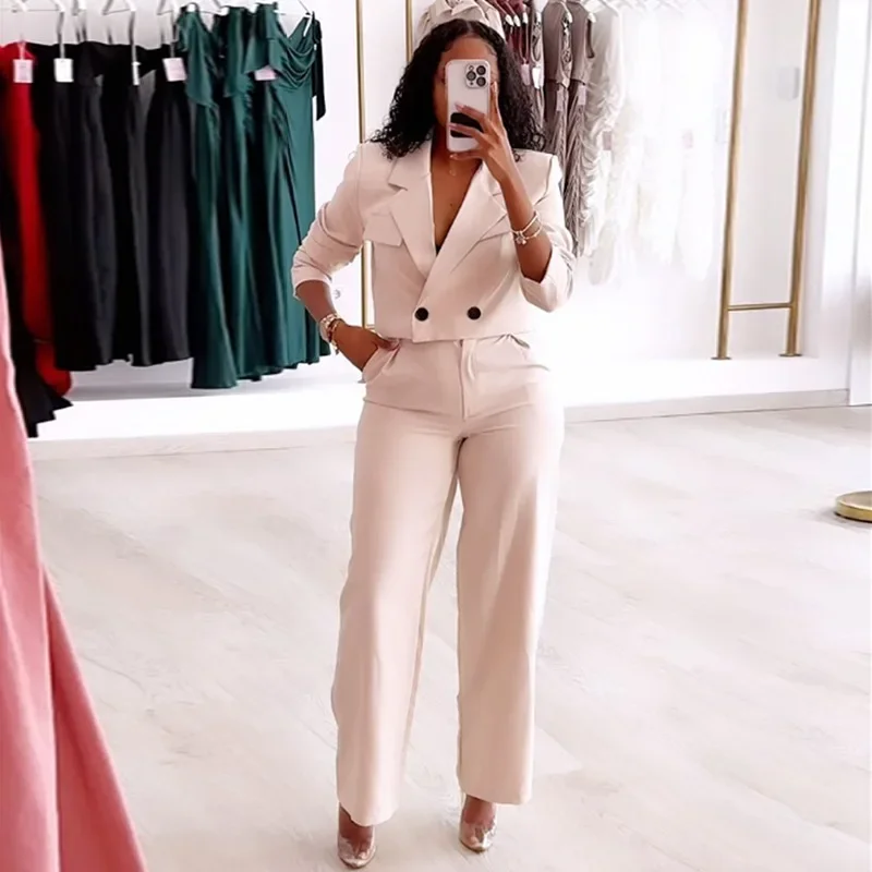 Mandylandy Summer Suits Coats Women Pants 2 Piece Sets Outfits Solid Polo Collar Short Suit Top Wide Leg Trousers Casual Suit