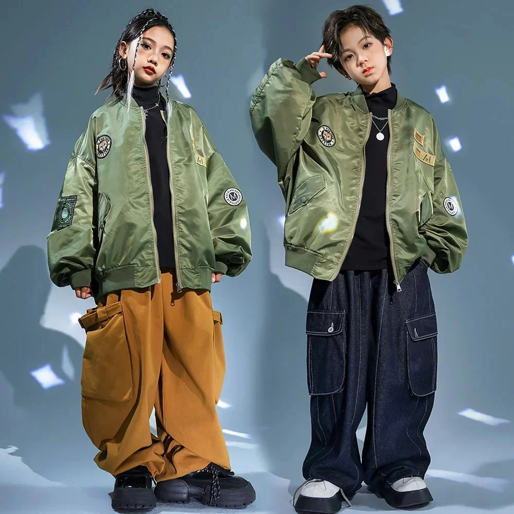 

Spring Autumn Kids Boys Girls Streetwear Hip Hop Loose Baseball Jacket Wide Leg Cargo Pants Sets Children Coat Jeans Tracksuits