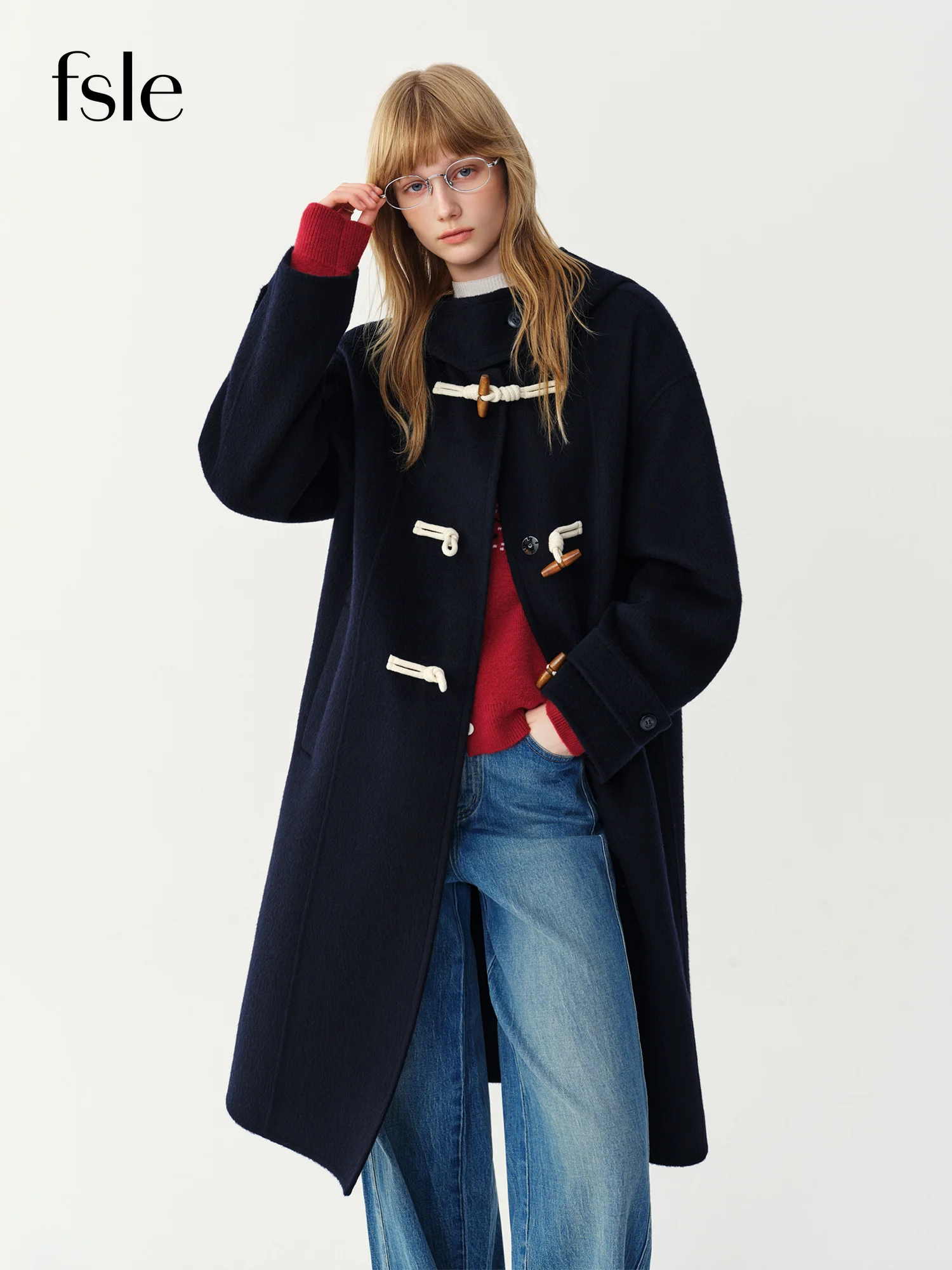 FSLE 2026 Winter Women's Preppy Hooded Toggle Double-Faced Wool Mid-Length Coat - Chic Classic Outerwear for Everyday Wear