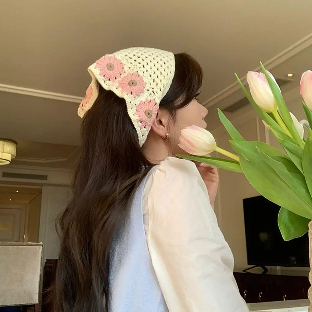 Knitted Triangle Headband Little Flower Handmade Crochet Spring French Hat Style Headscarf Summer Pastoral Headband Towel D9R0