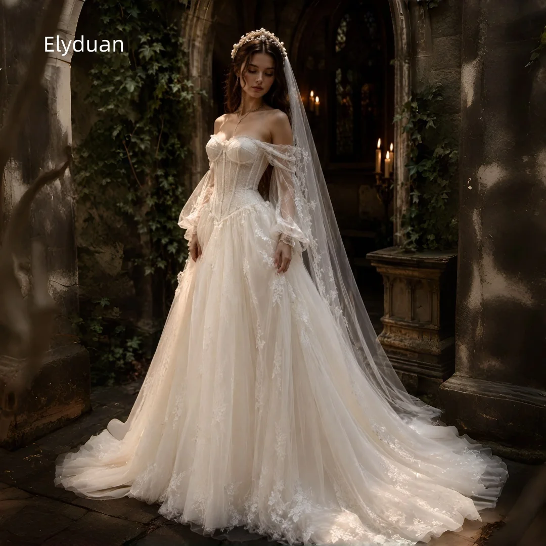 Off Shoulder Puff Long Sleeve Lace Corset Wedding Dress A Line Tulle Vintage Romantic Forest Fairy Bridal Gown Customized