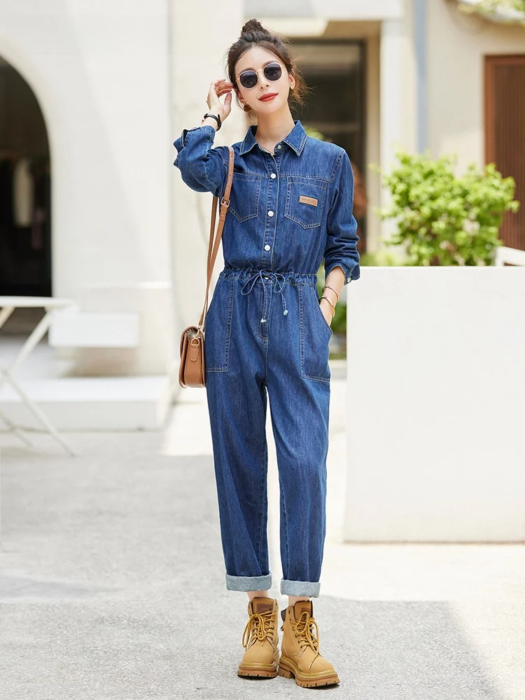 ชุดเอี๊ยมยีนส์ลำลอง La Chapelle แฟชั่นสำหรับผู้หญิง ทรงหลวม สไตล์ชุดทำงาน กางเกงขายาวเอวสูง ผ้าฝ้าย ทรงตรง