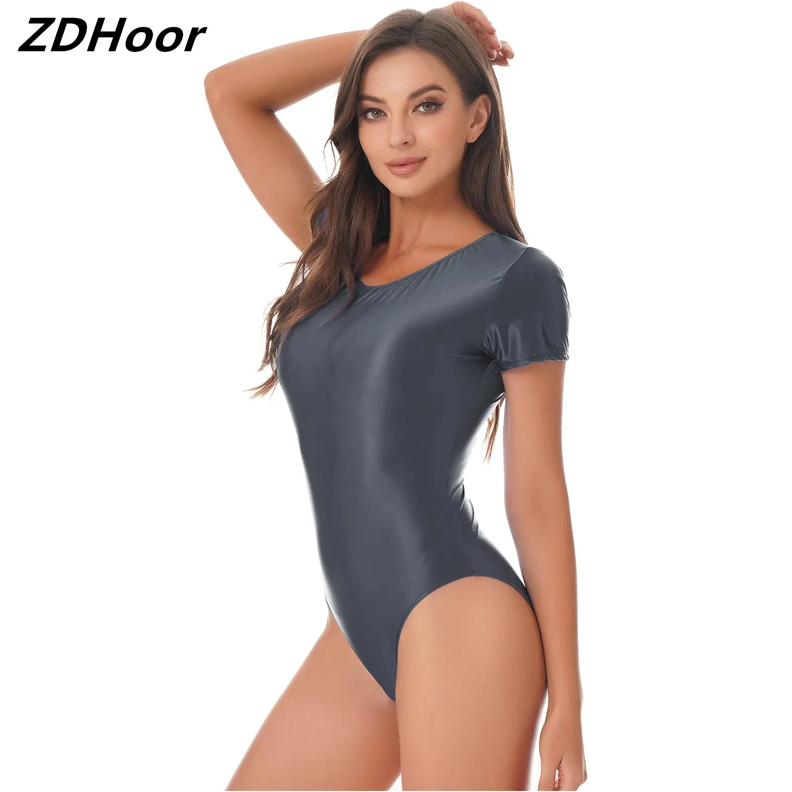 

Womens Round Neck High Cut Bodysuit Solid Color Short Sleeve Leotard Swimwear Sportswear