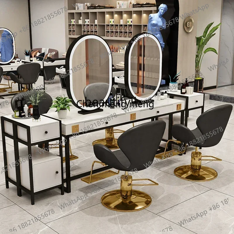 10 Nordic Light Luxury Hairdressing Dressing Table Single Double-Sided One-Piece Marble Scissors with Lights Perm Dressing Table