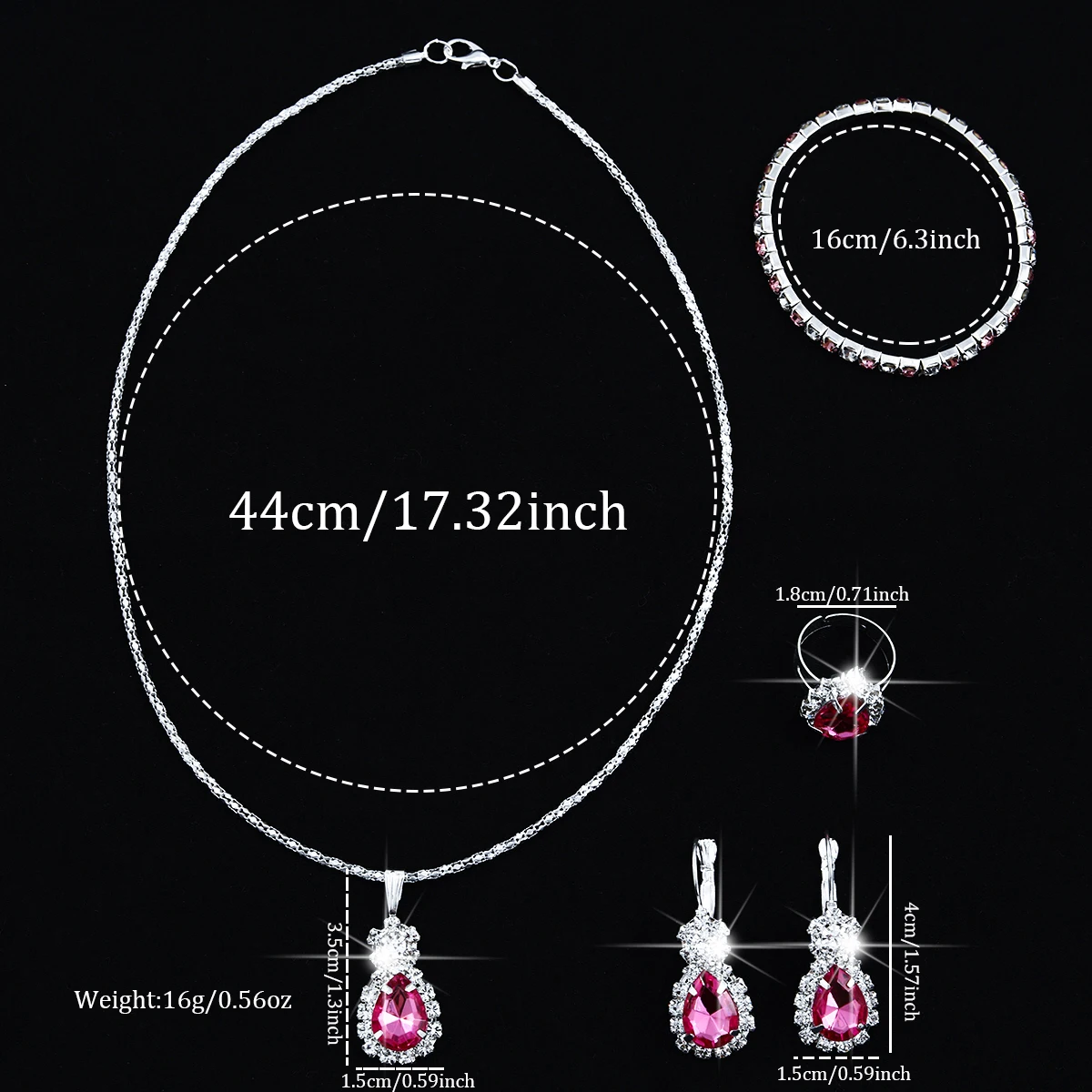 5-Piece Set of Fashionable Women's Pink Teardrop-Shaped Stainless Steel Rhinestone Jewelry Set, Including Necklace, Bracelet, Earrings, and Ring, as a Holiday Gift for Her